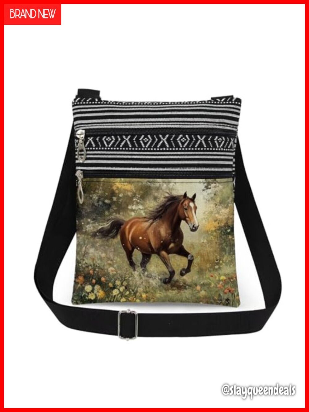 Horse Print Crossbody Bag Polyester Floral Purse Adjustable Strap